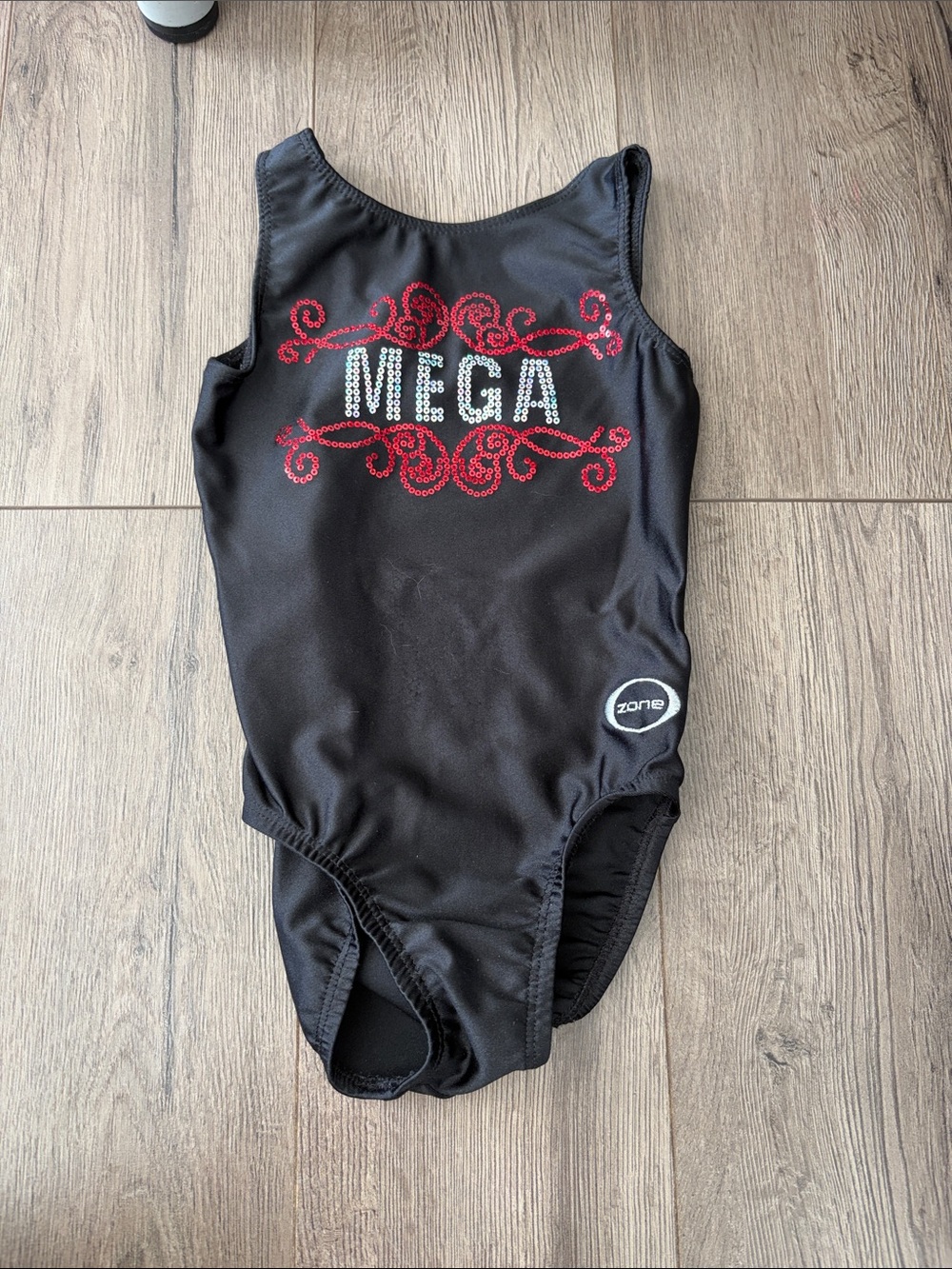 Kids' Leotard Black with Red & White 'MEGA' Design. Youth size M